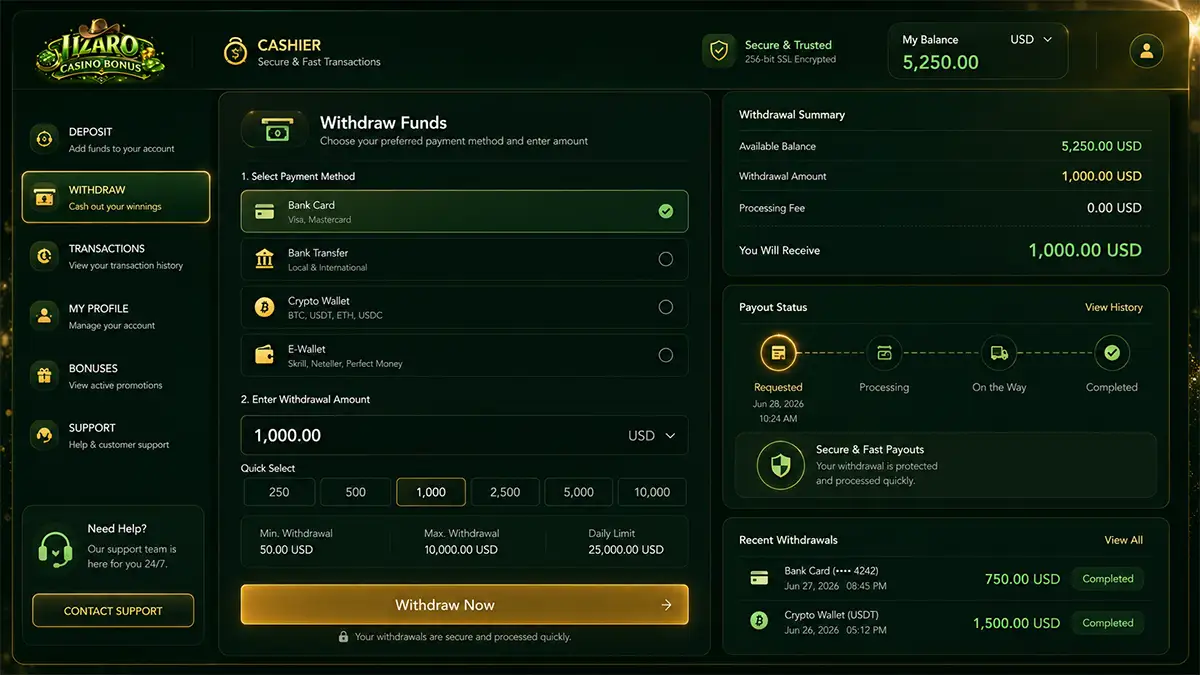 Lizaro casino withdrawal cashier interface