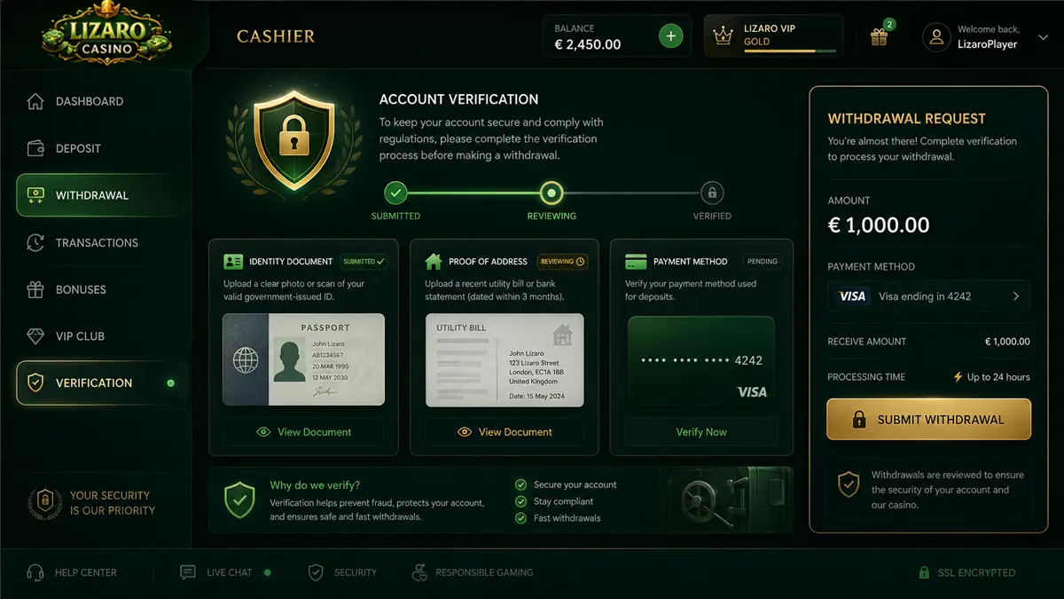 Lizaro KYC withdrawal verification interface